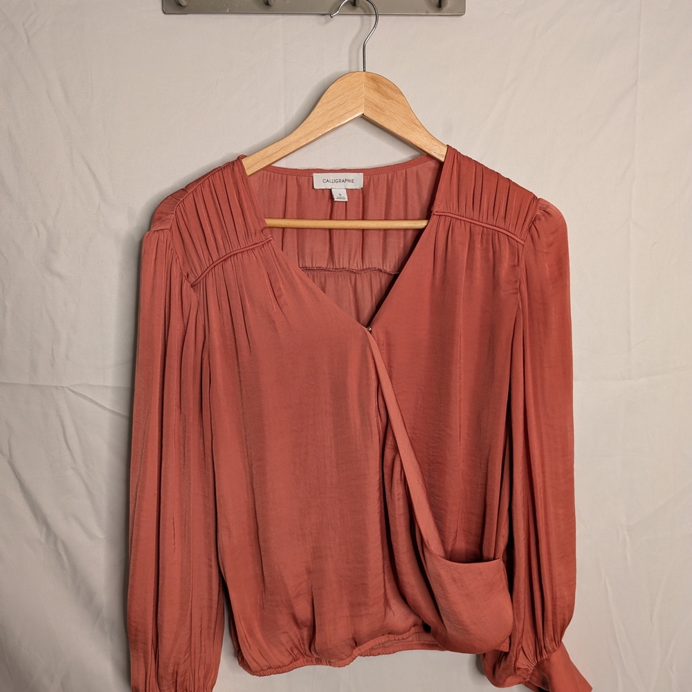 Calligraphie Salmon Blush Wrap-Style Blouse – Size S – Long Sleeve